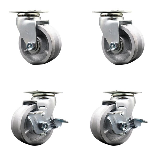 4'' V-Groove Semi Steel Swivel Caster Set with Bronze Bearings 2 Brakes, 4PK